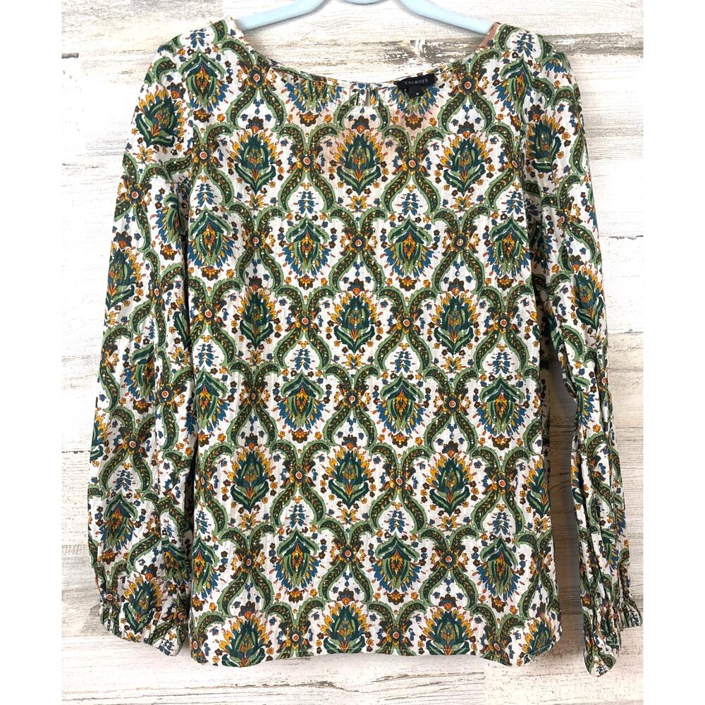 Talbots Womens M Green Multi Floral Lattice Top Coastal Casual Chic